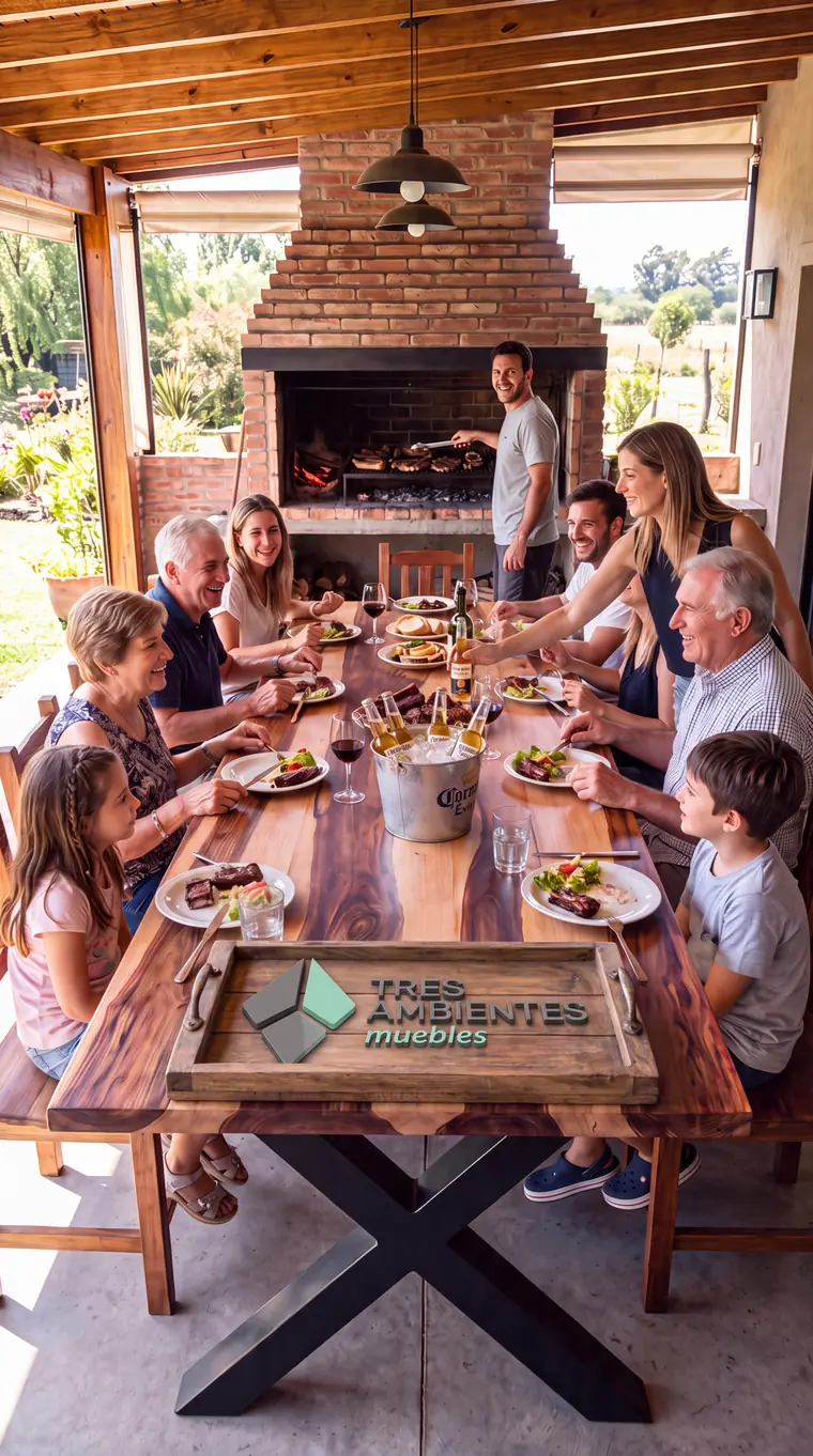 Familia numerosa alrededor de una mesa Tres Ambientes, comiendo un asado bajo la galería, con la bandeja de la marca sobre la mesa